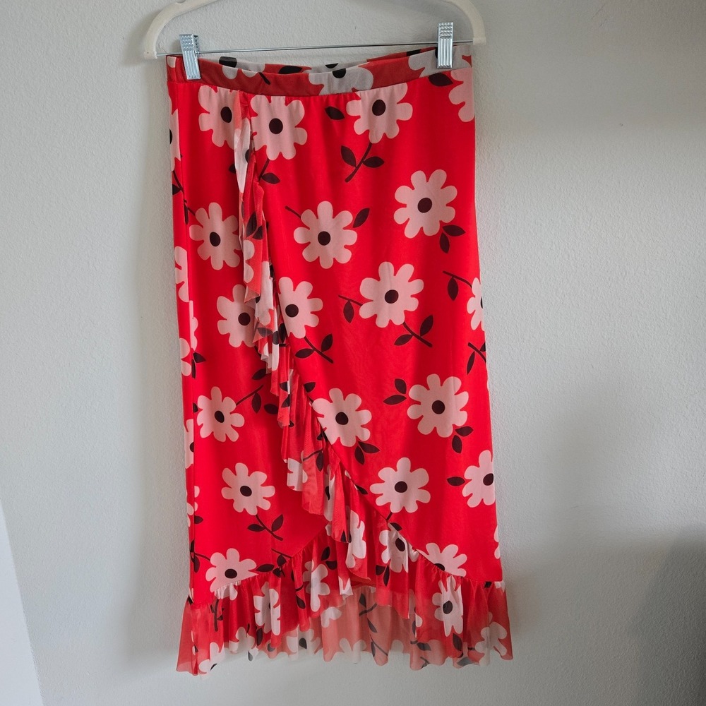 Urban Outfitters Midi Skirt Womens Large Orange Floral Ruffle Boho High Low